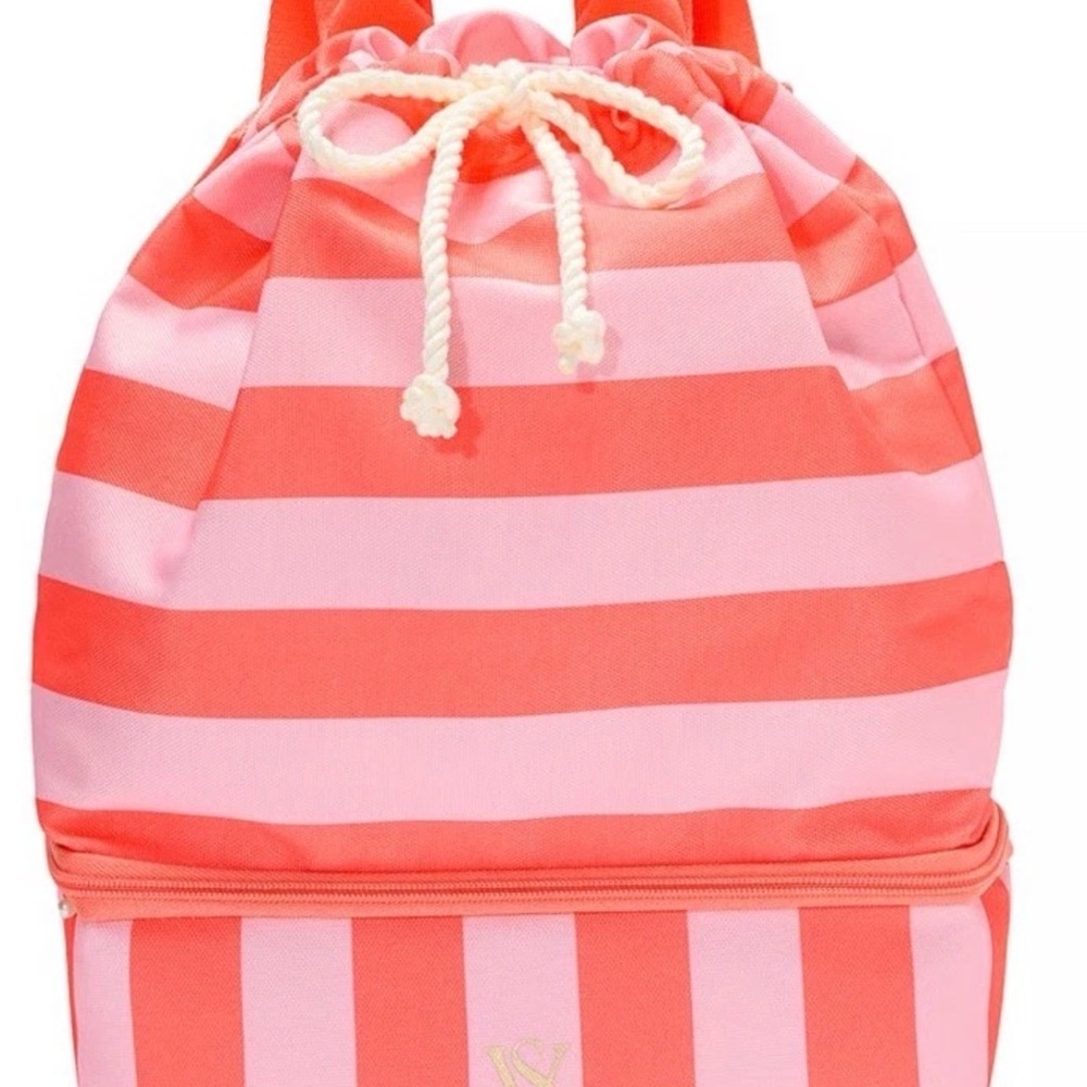 NWT Victoria's Secret Coral Striped Beach Bag With Personal Cooler